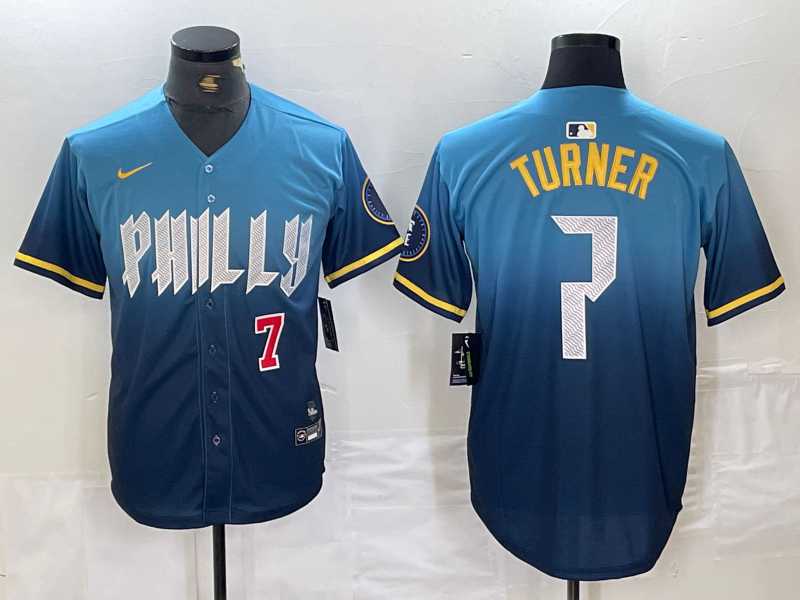 Men's Philadelphia Phillies #7 Trea Turner Number Blue 2024 City Connect Limited Stitched Jerseys,We sell and wholesale Men's Philadelphia Phillies #7 Trea Turner Number Blue 2024 City Connect Limited Stitched Jerseys on line form chian!